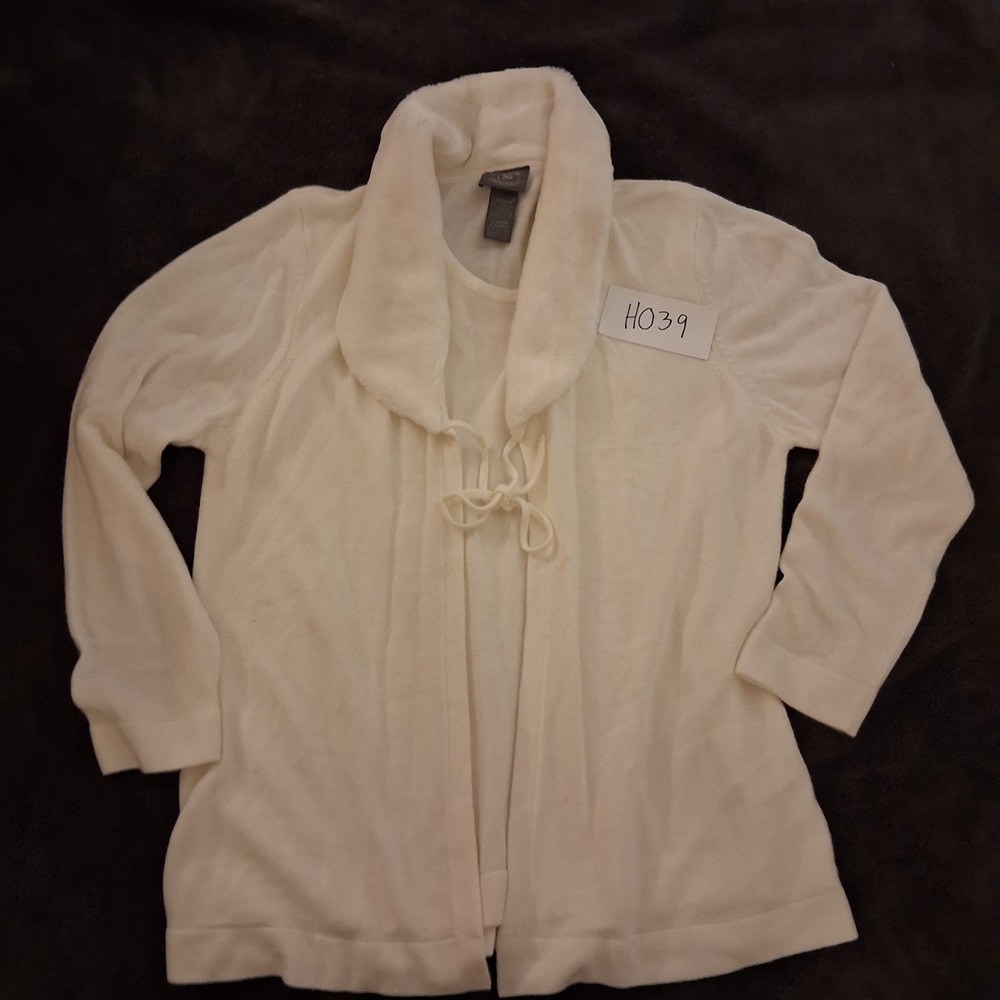 Designers Originals Faux Fur Collar Cardigan Womens Ivory XL Acrylic Tie Front